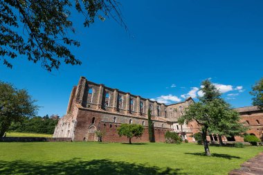 San Galgano Manastırı 'nın dış görünüşü açık mavi bir gökyüzünde. Toskana, İtalya.