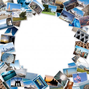 Round stack of travel images from the world with copy space 