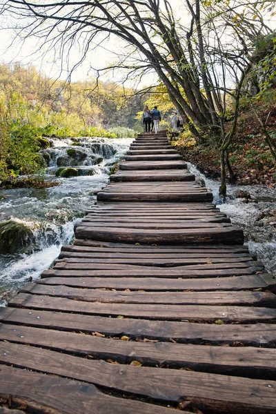 Caminho Madeira Com Turistas Dentro Parque Nacional Dos Lagos Plitvice — Fotografia de Stock