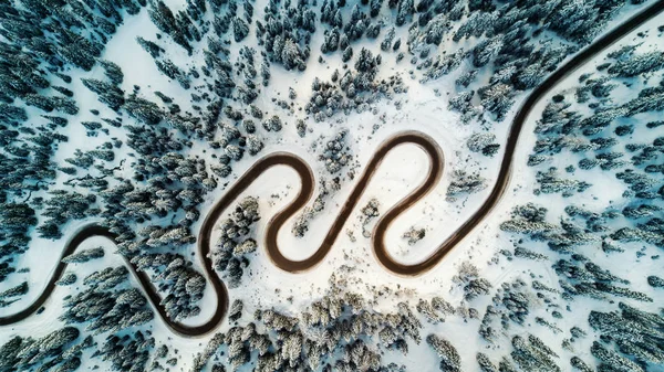 木と道路の雪の山の風景の空撮をトップします ドロミテ イタリア — ストック写真