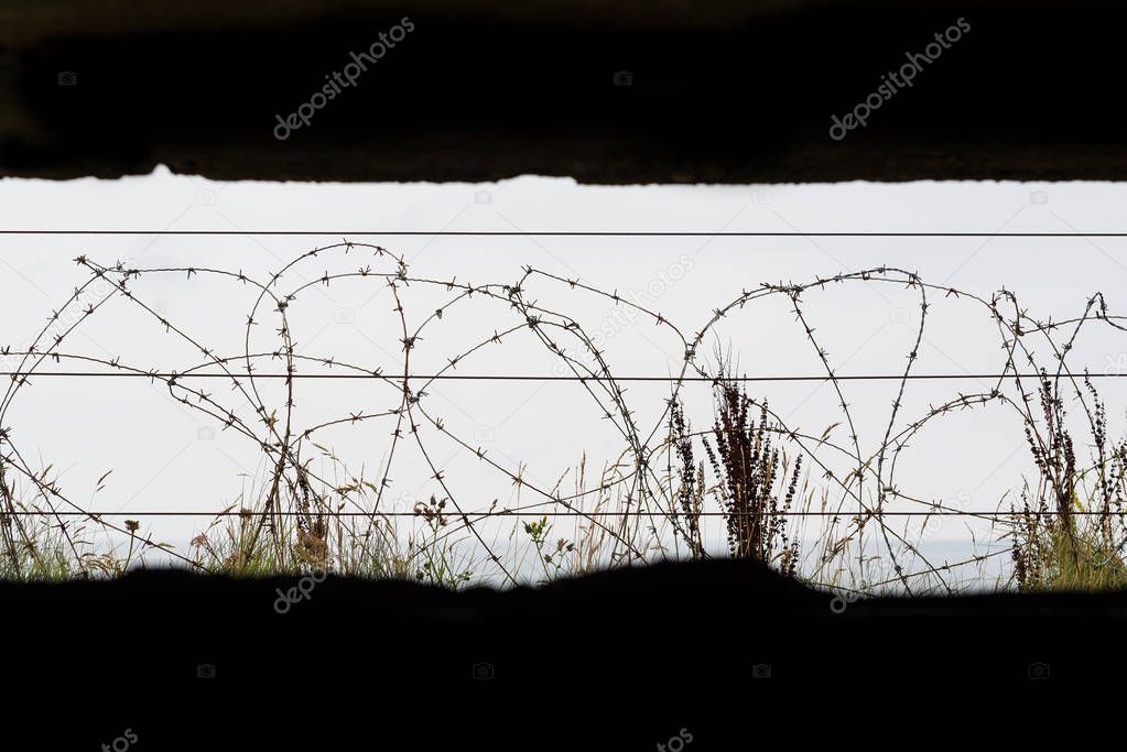 Barbed wires on Omaha beach. Omaha beach is located on the coast of Normandy, France, facing the English Channel, and is 5 miles (8 km) long. 