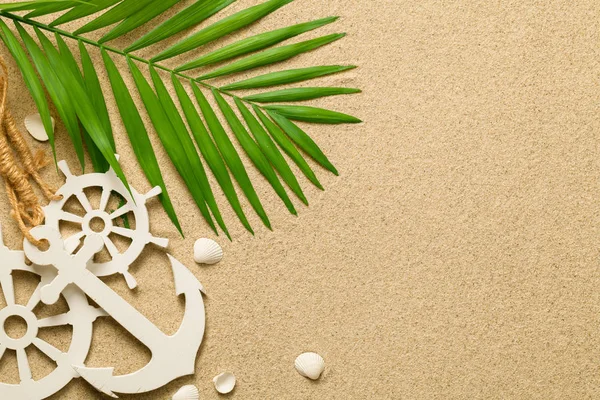 Summer Background with Green Palm Leaf, Decorative Anchor and Sh — Stock Photo, Image