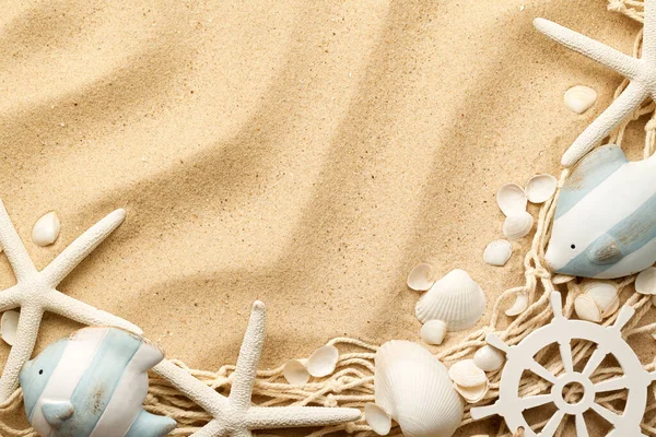 Marine Life Concept Zand Achtergrond Met Kopieerruimte Bovenaanzicht Vlakke Plaat — Stockfoto
