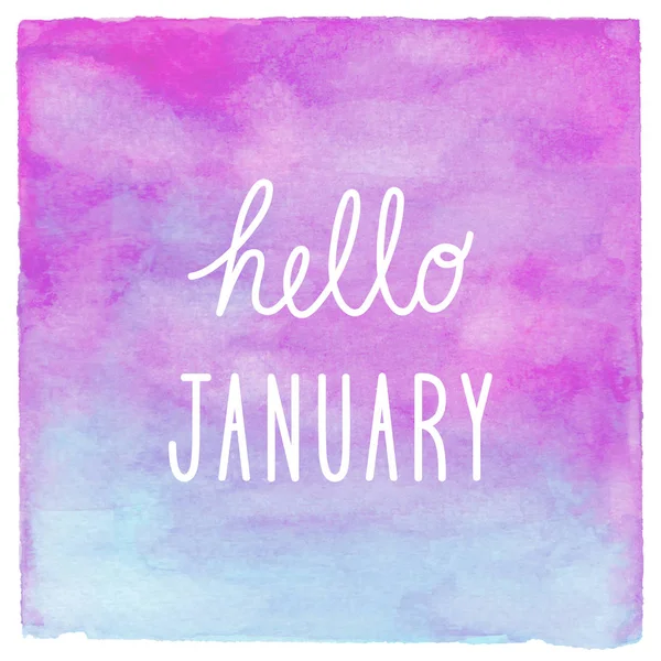 Hej januari text på blå och lila akvarell bakgrund — Stockfoto