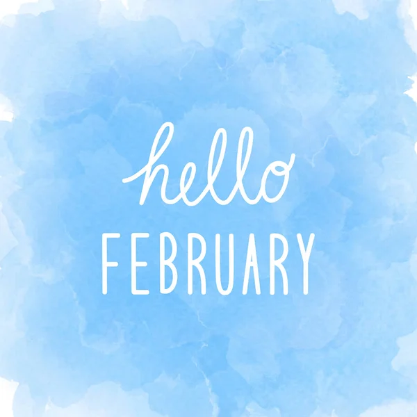 Olá fevereiro saudação em fundo aquarela azul abstrato — Fotografia de Stock