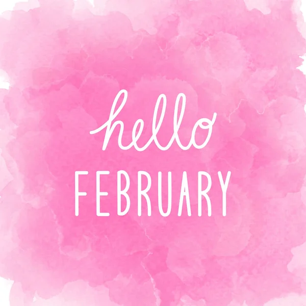 Olá fevereiro saudação em fundo aquarela rosa abstrata — Fotografia de Stock