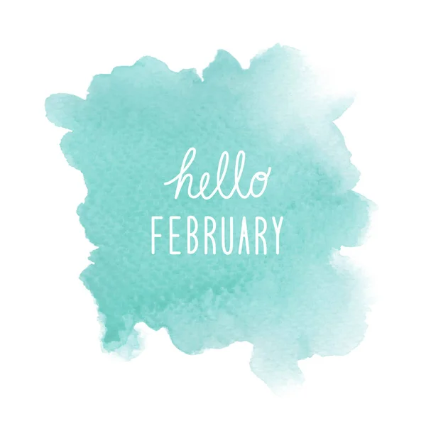 Hello February greeting with green watercolor background — Stock Photo, Image