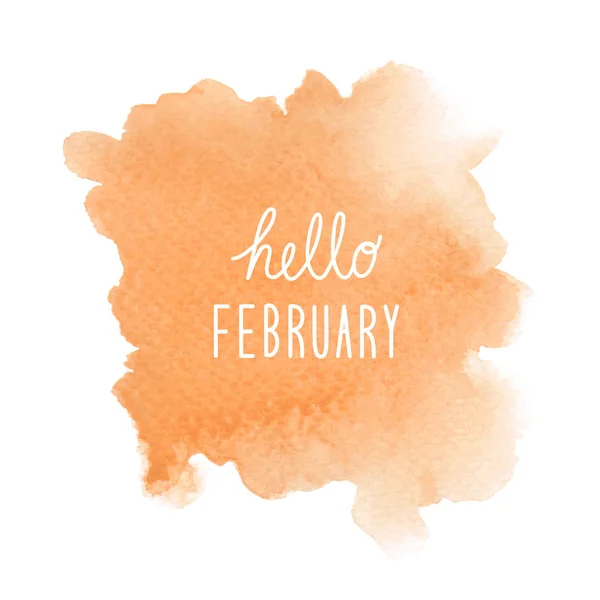 Olá fevereiro saudação com fundo aquarela laranja — Fotografia de Stock