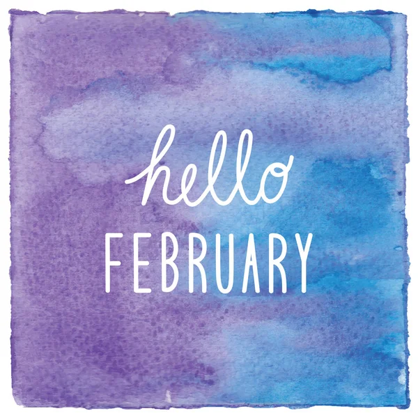 Hello February on blue and violet watercolor background — Stock Photo, Image