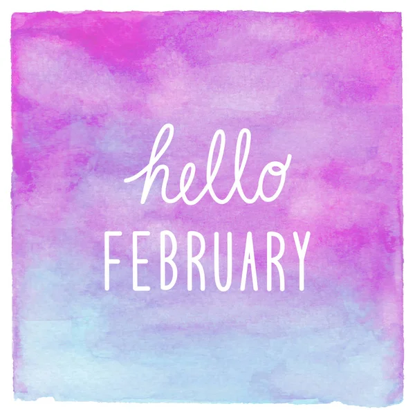 Hallo februari tekst op blauwe en paarse aquarel achtergrond — Stockfoto
