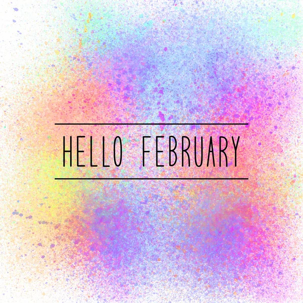 Hallo februari tekst op pastel Lakspuitbus Kleur achtergrond — Stockfoto