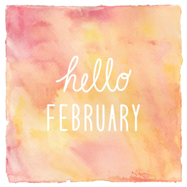 Hallo februari tekst op rode en gele aquarel achtergrond — Stockfoto