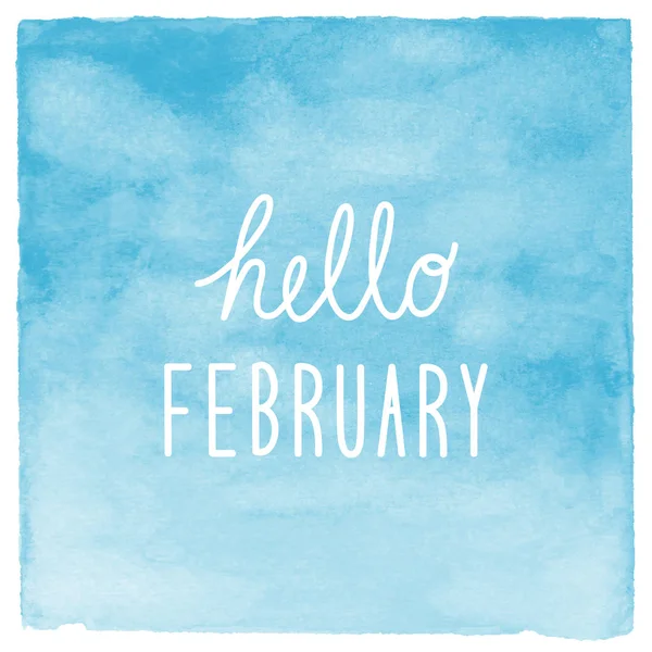 Hej februari text med blå vattenfärg bakgrund — Stockfoto