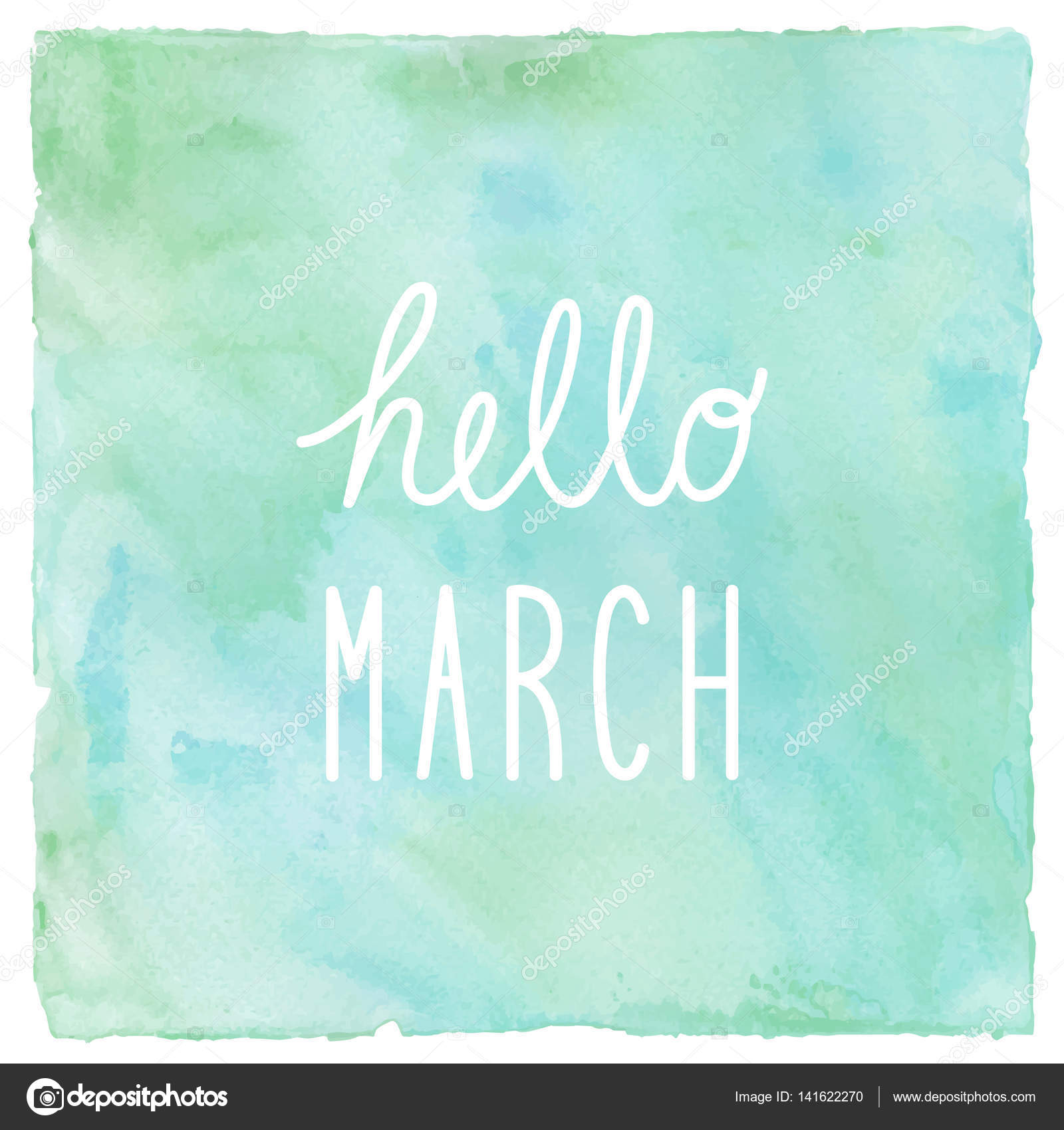 Hello March on green and blue on watercolor background — Photo Hello March on green and blue on watercolor background — Photo
