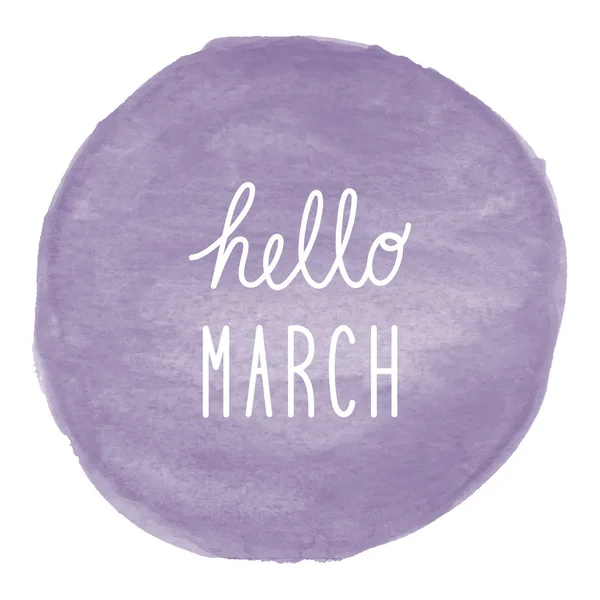 Hallo maart begroeting op violet aquarel achtergrond — Stockfoto