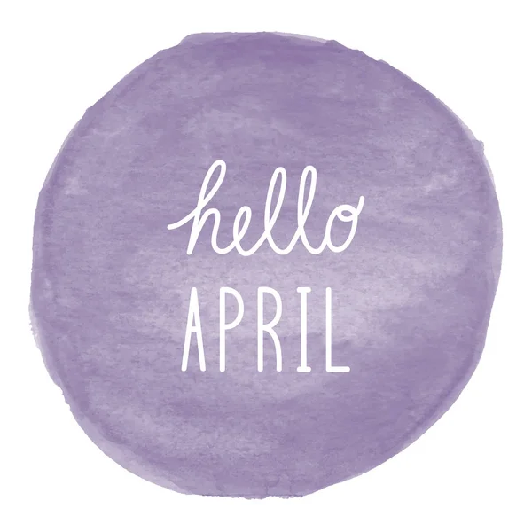 Hej April hälsning på violett akvarell bakgrund — Stockfoto