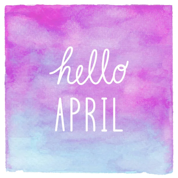 Hallo April tekst op blauwe en paarse aquarel achtergrond — Stockfoto