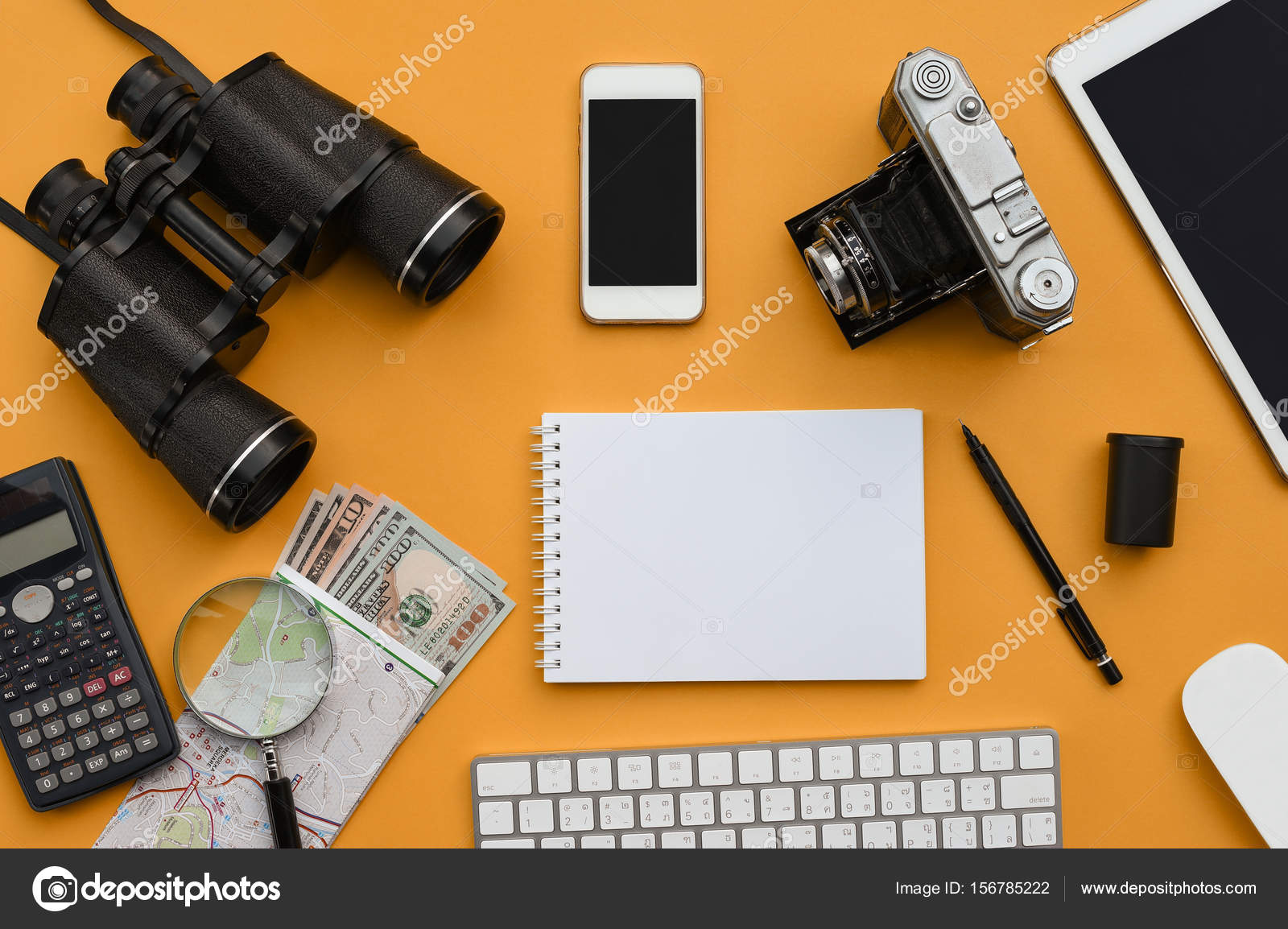 Flat Lay Of Accessories On Orange Desk Background Stock