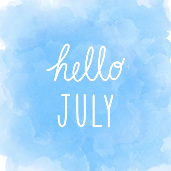 Hej juli hälsning på abstrakt blå vattenfärg bakgrund — Stockfoto