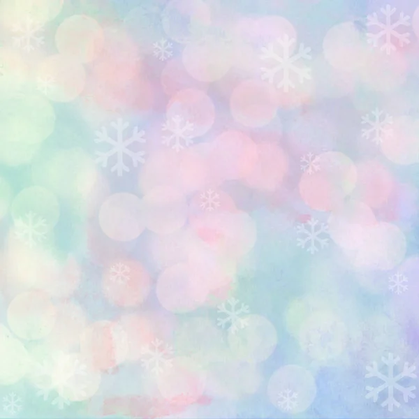 Snowflakes and bokeh light on pastel watercolor background — Stock Photo, Image