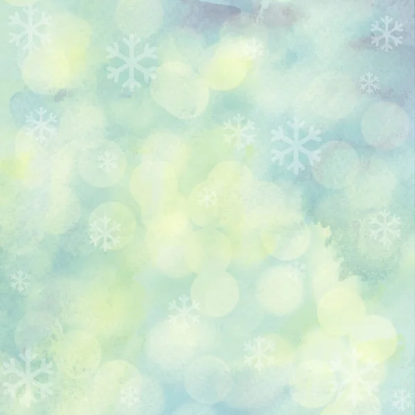 Flocos de neve e luz bokeh no fundo aquarela pastel — Fotografia de Stock