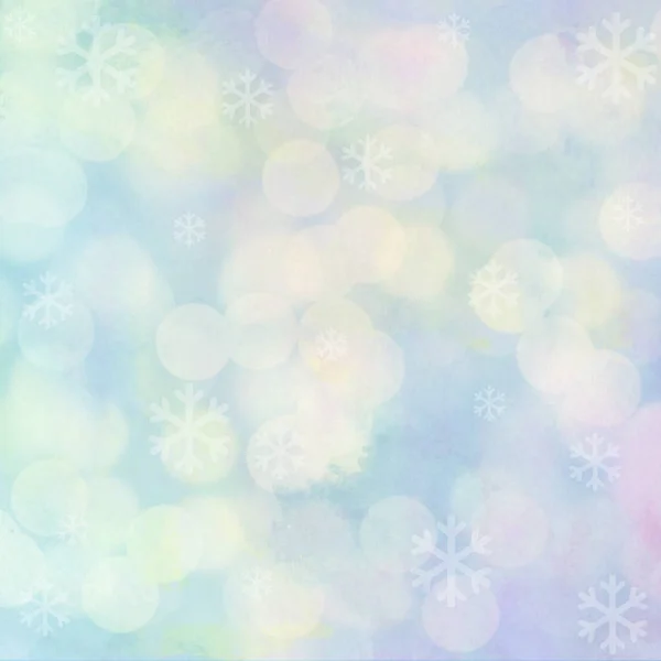 Schneeflocken und Bokeh-Licht auf pastellfarbenem Hintergrund — Stockfoto