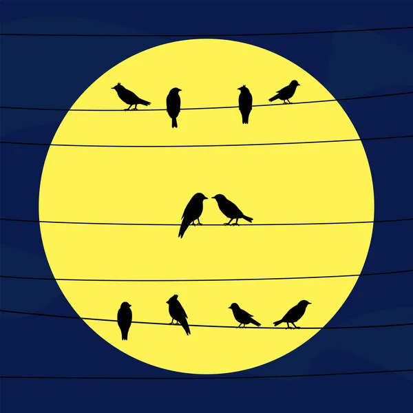 Vögel an Drähten im Vollmondlicht — Stockvektor