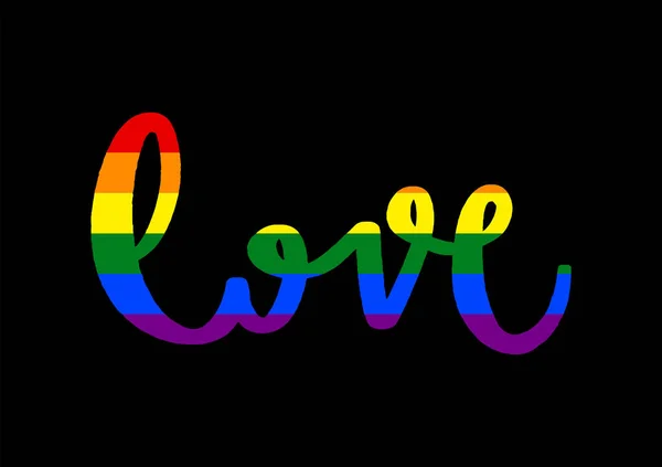 Letras dibujadas a mano de amor con patrón de bandera arco iris LGBT — Vector de stock