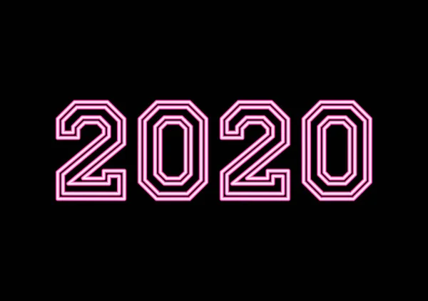 Неоновый текст 2020 года с розовыми цветами на черном фоне — стоковый вектор