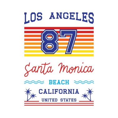 Los Angeles metni ve Santa Monica el yazısı, palmiye ağaçları, tişört ve diğer kullanım alanları için baskı tasarımı. Tebrik kartı vektör illüstrasyonu.