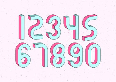Soyut pembe arka planda 3D izometrik efektli sayılar kümesi. Renkli tipografi tasarımı ögeleri 1, 2, 3, 4, 5, 6, 7, 8, 9, 0. 
