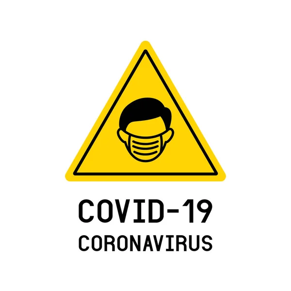 警告マンは Covid 19コロナウイルスコンセプトのマスクアイコンシンボルを着用します 平面ベクトル — ストックベクタ