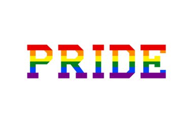 Beyaz arkaplanda gökkuşağı Lgbt bayrağı bulunan gurur metni.