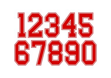 Kırmızı ve beyaz tipografi tasarım elementleri olan sayılar kümesi 1, 2, 3, 4, 5, 6, 7, 8, 9, 0.