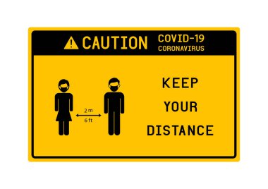 COVID-19 Coronavirus vektör ikonu ve sosyal mesafe konsepti. Mesafeni koru.