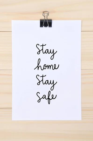 Stay Home Stay Safe Hand Lettering White Paper Wooden Background — Stock Photo, Image