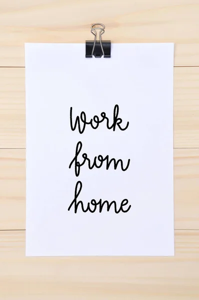 Werk Vanuit Huis Handschrift Wit Papier Met Houten Achtergrond — Stockfoto