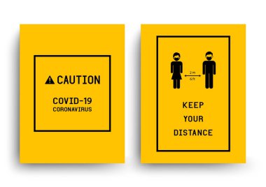 COVID-19 Coronavirus vektör ikonu ve sosyal mesafe konsepti. Mesafeni koru.