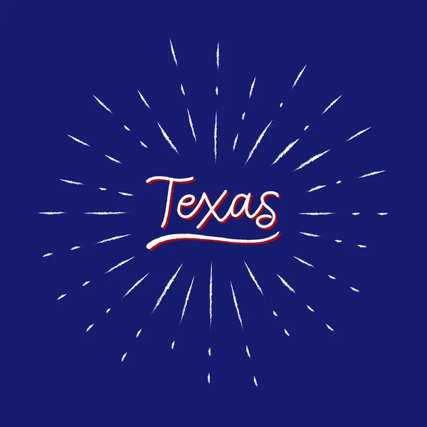 Texas Lettrage Main Avec Des Lignes Soleil Sur Fond Bleu — Image vectorielle