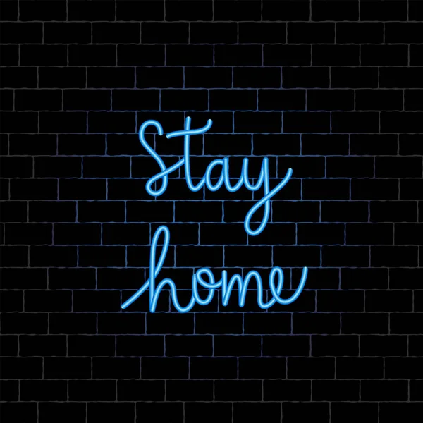 Stay Home Hand Lettering Blue Neon Black Brick Wall Background — Stock Vector