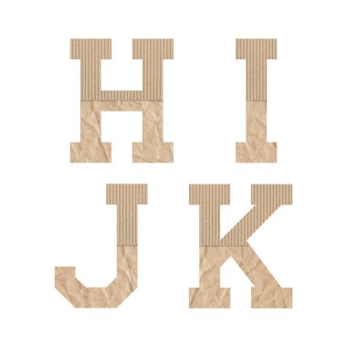 Alfabe harfleri H I J K beyaz zemin üzerinde kahverengi kağıt.