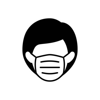 Tıbbi maske ikonu olan bir kadın COVID-19 koronavirüsünden kaçınır. Düz biçim vektörü.