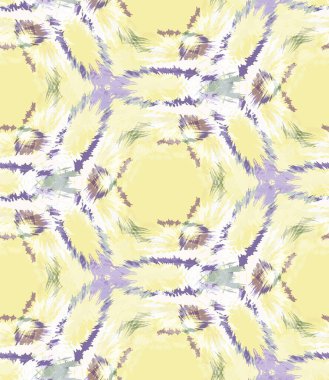 Sarı shibori kravat boyalı noktalı geometrik çember arka plan. Kusursuz desenli balmumu izi dirençli arka planda beyazlamış. Boyanmış batik tekstil. Değişik desenli soyut moda her yerde