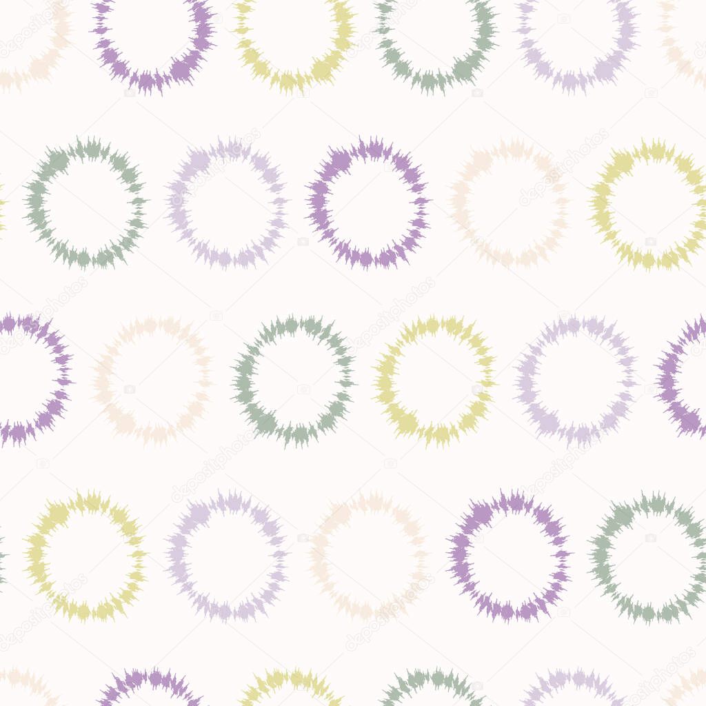 Dotty shibori tie dye sunburst circle stripe background. Seamless pattern on bleached resist white textile. Pastel dyed ink ring batik all over print. Trendy retro gender neutral kid fashion swatch.