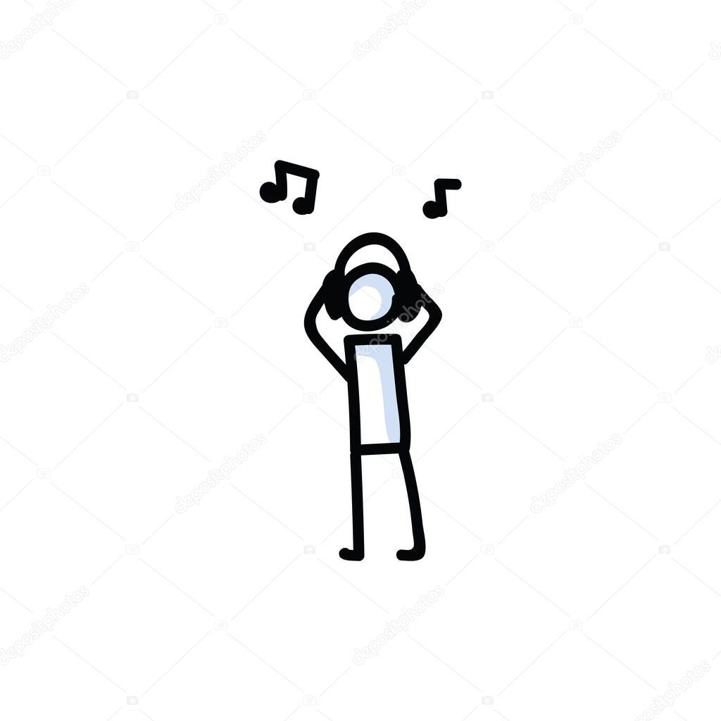 Music headphone stick figure vector illustration. Hand drawn simple listening to audio stick man. Pictogram clipart. 