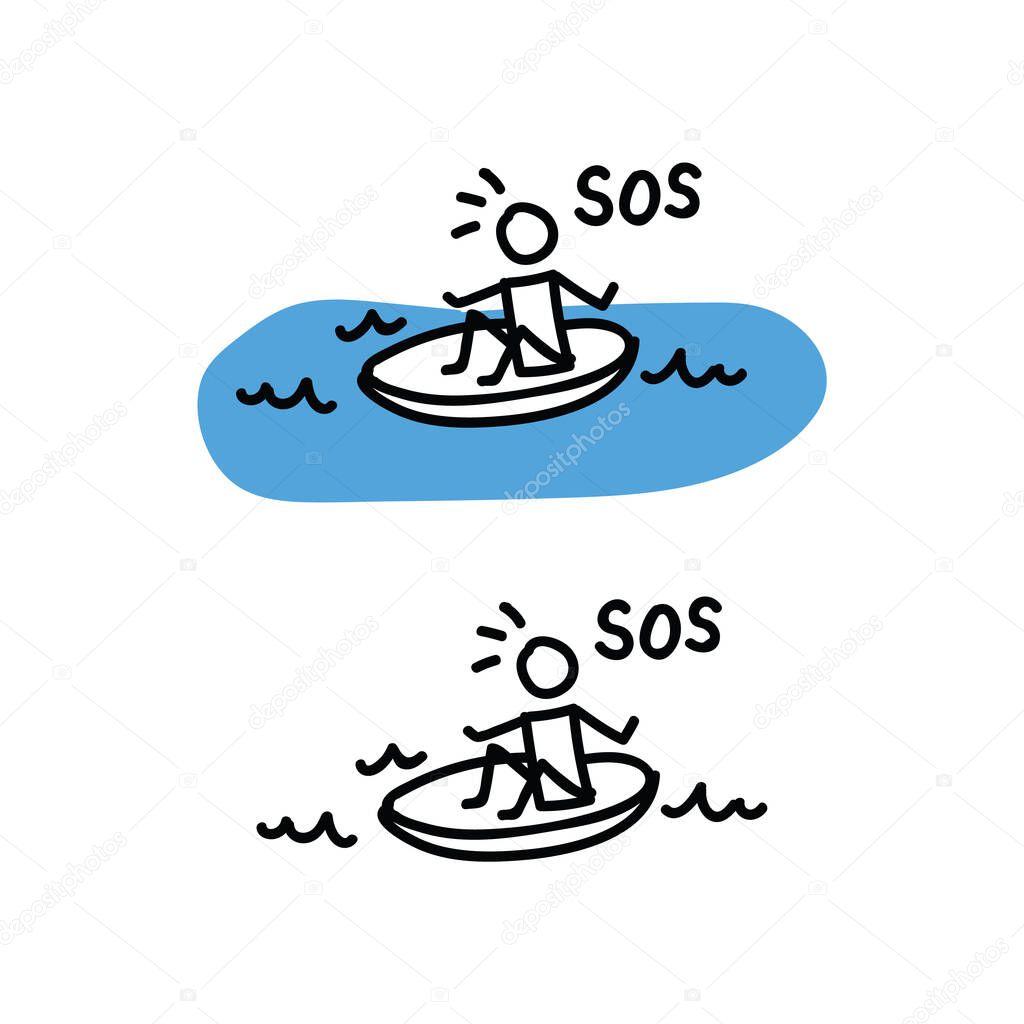 SOS life raft stick figure vector illustration. Hand drawn communication of rescue. Stickman in boat clipart. 