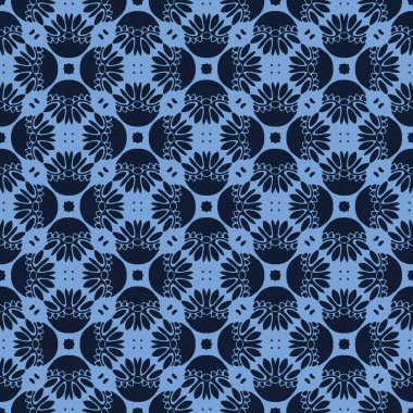 Dikişsiz desen indigo mavi stilize mozaik çiçek yaprağı. Japon donanması yorgan tarzı ev dekorasyonu arka plan. Baskının her yerinde modaya uygun mozaik ızgara. 