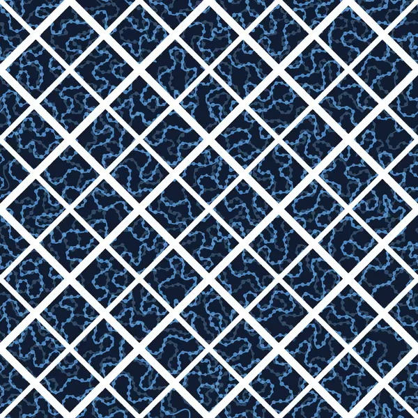 Indigo mavi el çizilmiş mozaik dikişsiz desen. Soyut kare kiremit geometrik yineleme. Baskı swatch her yerinde Japon tarzı boyalı lacivert — Stok Vektör