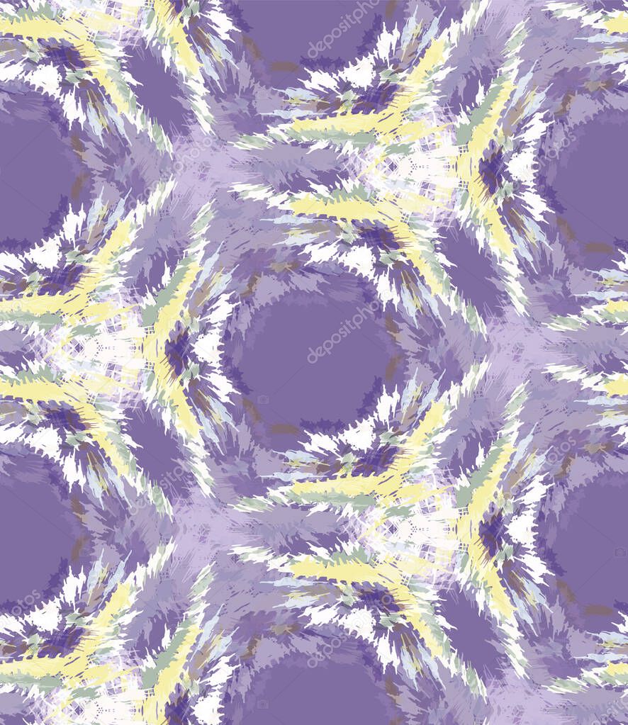 Lilac shibori tie dye dotted geometric circle background. Seamless pattern wax print bleached resist background. Irregular dip dyed batik textile. Variegated textured abstract trendy fashion all over.