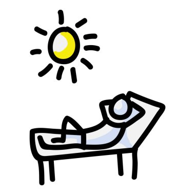 Güneş Banyosu Yapıştırıcısı Kişisi Güneşte Bronzlaşma. El çizimi izole edilmiş insan karalama simgesi motif elementi düz renkte. Tatil, tatil yeri, güneş ışığı veya yaz konsepti için. Piktogram Eps 10